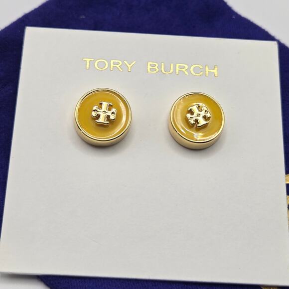 NEW Tory Burch Kira Enamel Circle Stud Earrings Yellow Gold Plated Small Simple - Picture 1 of 5